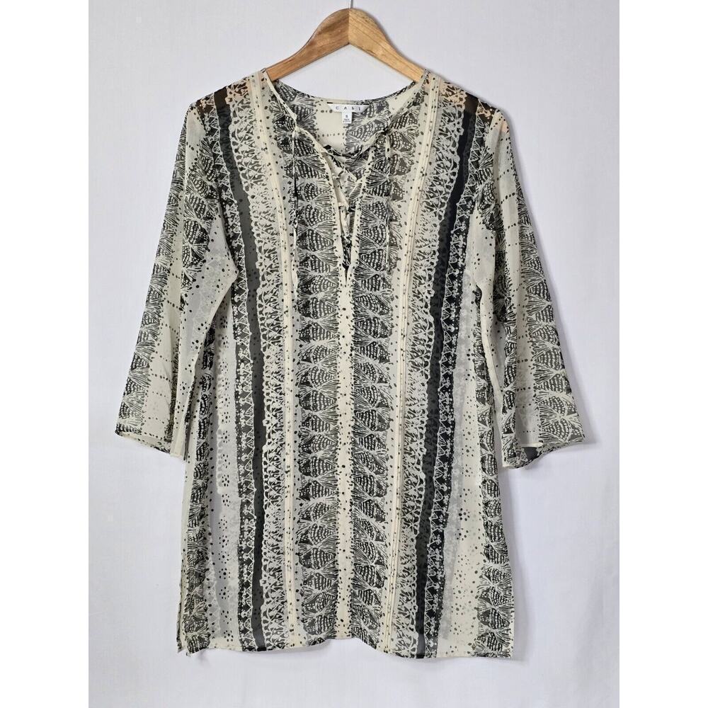CAbi #867 Beatnik Sheer Pleated 3/4 Sleeved Black & Cream Lace Up Tunic Sz S